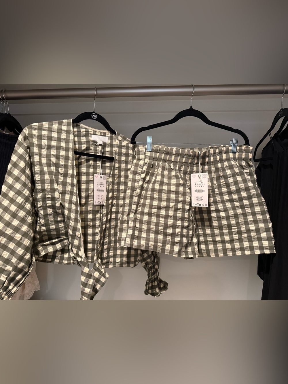 Zara Olive and White Gingham High-Waist Shorts & Wrap Top